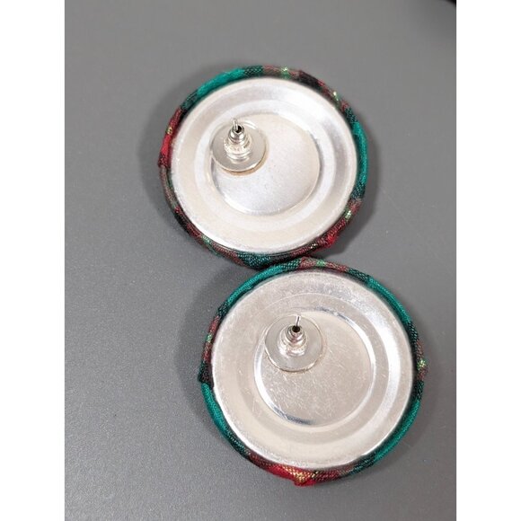 VTG Christmas Green Red Plaid Ribbon Tie Necklace Earring Set 26 in Pierced - Picture 6 of 7